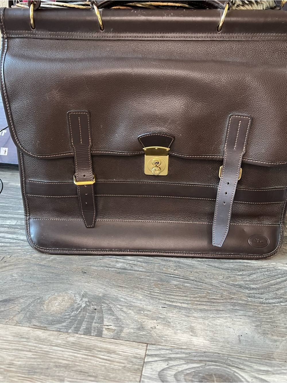 Longchamp Dark Brown Leather Briefcase with Gold Hardware
